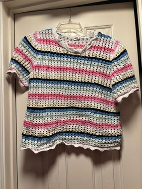 Women’s Multicolor Striped Crochet Top - White, Pink, Blue, Yellow